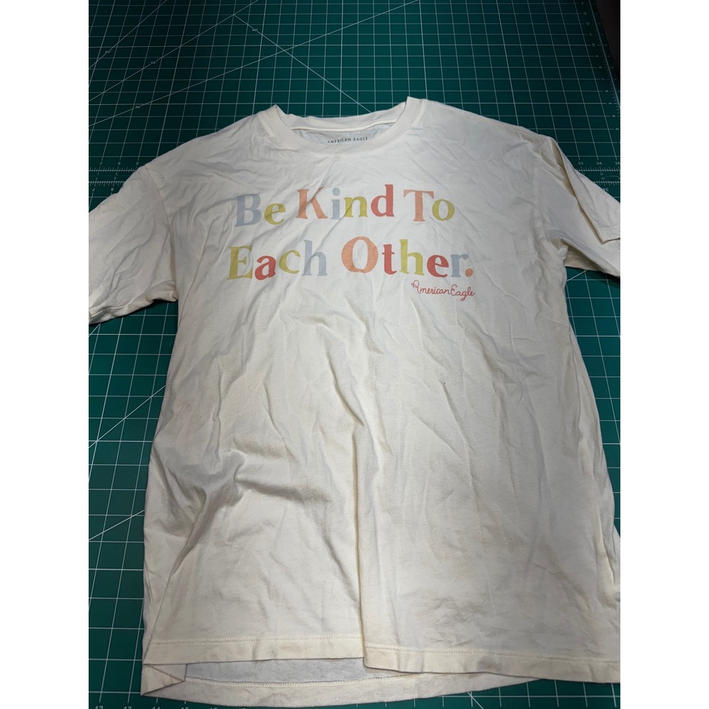 American Eagle Be Kind To Each Other Graphic T-Shirt Cream XS S Oversized Tee
